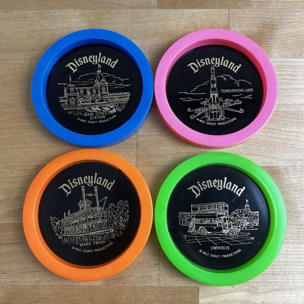 Vintage Disneyland Walt Disney Colorful Coasters Plastic Hong Kong Set of 4